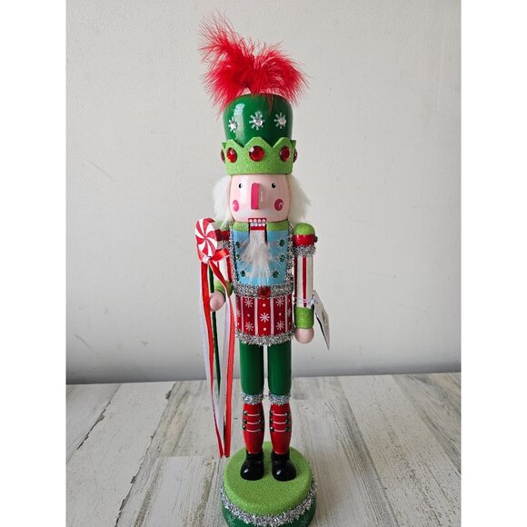 Pier 1 imports nutcracker glitter green red feather peppermint holiday Xmas deco - Picture 1 of 11